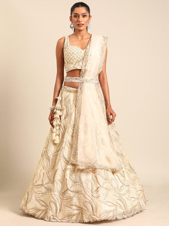 Cream Net Sequins and Zarkan embroidery Designer Lehenga