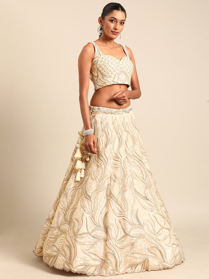 Cream Net Sequins and Zarkan embroidery Designer Lehenga