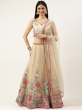 Cream Net Sequinse and Multi colour Thread Embroidery Lehenga