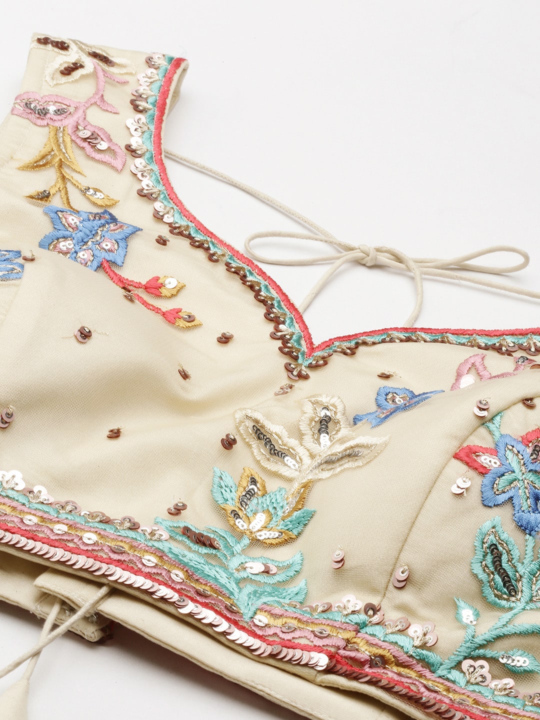 Cream Net Sequinse and Multi colour Thread Embroidery Lehenga
