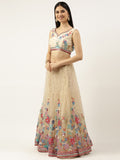 Cream Net Sequinse and Multi colour Thread Embroidery Lehenga