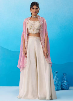 Cream Pink Indo Western Co-Ord Set with Embroidered Cape for Women