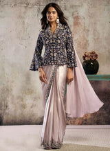 Cream & Purple Metallic Satin Ready-To-Wear Saree with Stone Work & Blazer Blouse