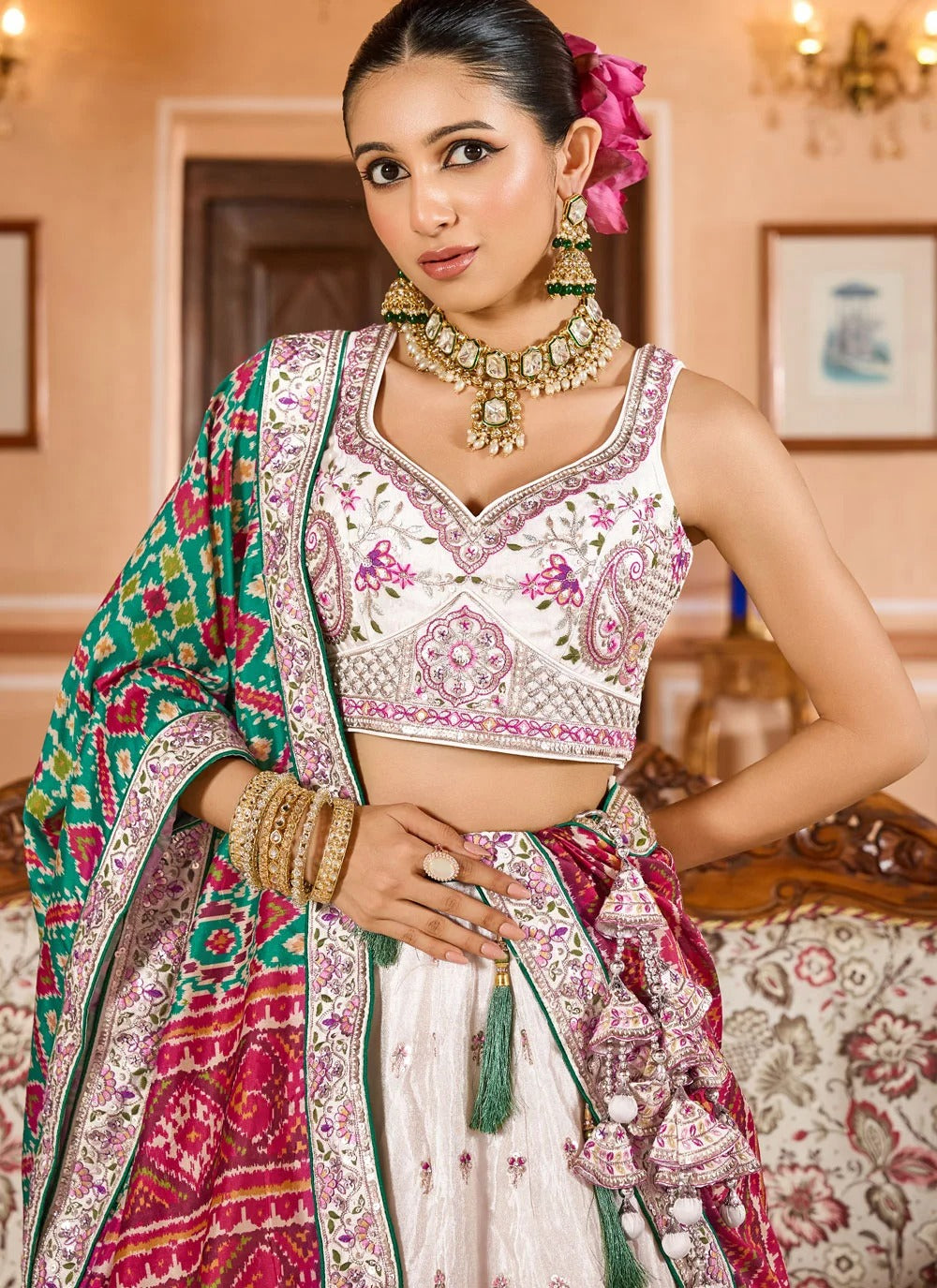 Elegant Cream Tissue Bridesmaid Lehenga for Women
