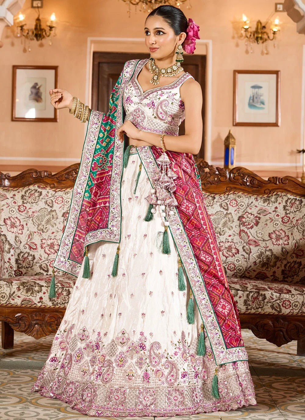 Royal Cream Wedding Guest Lehenga with Embroidered Blouse