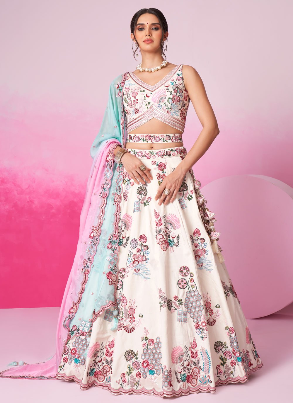 Cream Silk Engagement Lehenga with Zarkan and Sequin Embroidery