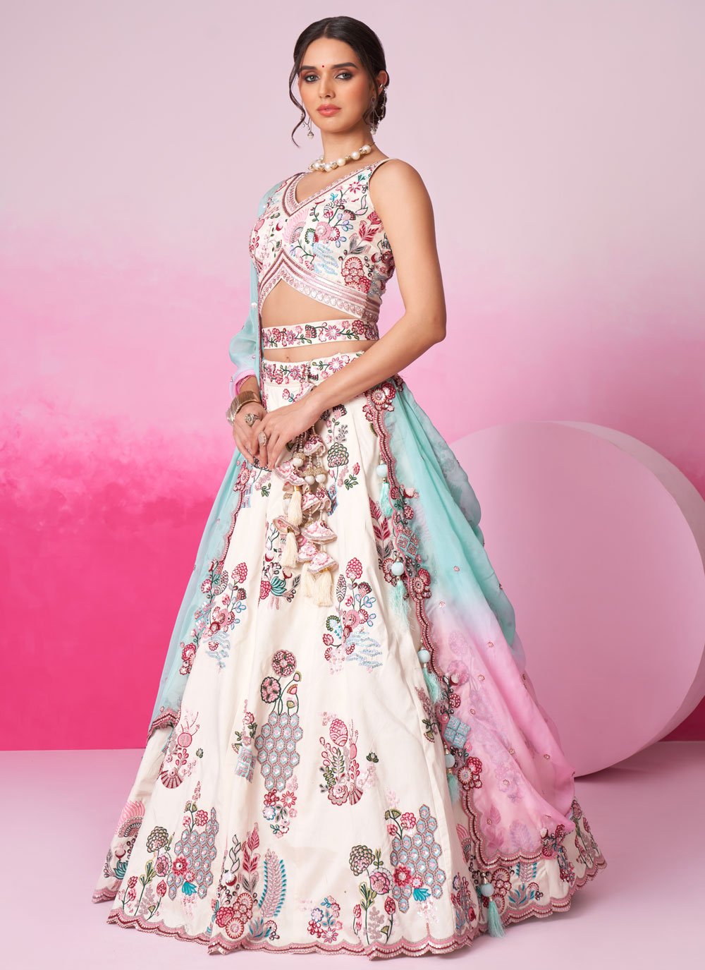 Cream Silk Engagement Lehenga with Zarkan and Sequin Embroidery