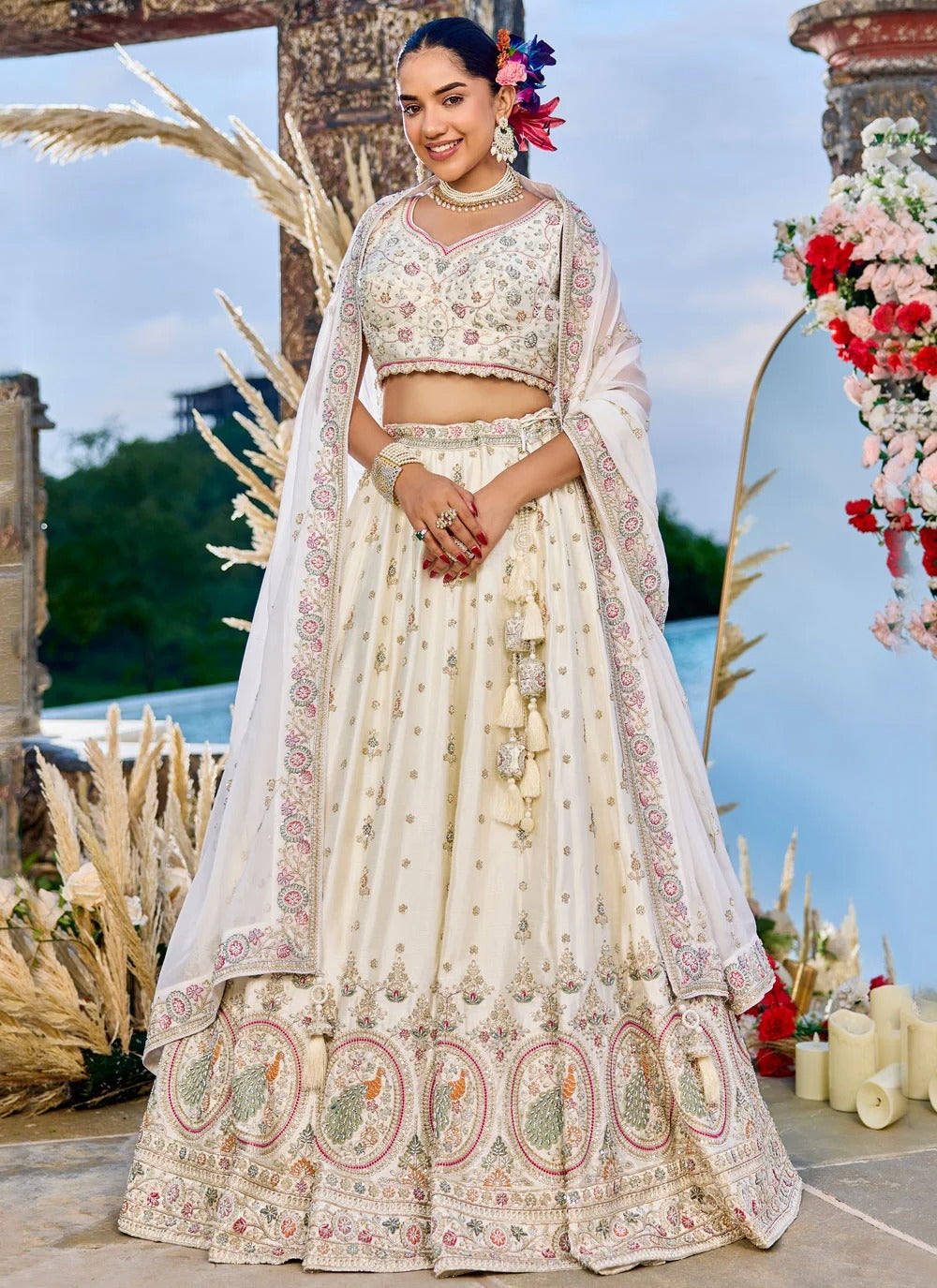 Elegant Cream Embroidered Silk Lehenga for Wedding Functions