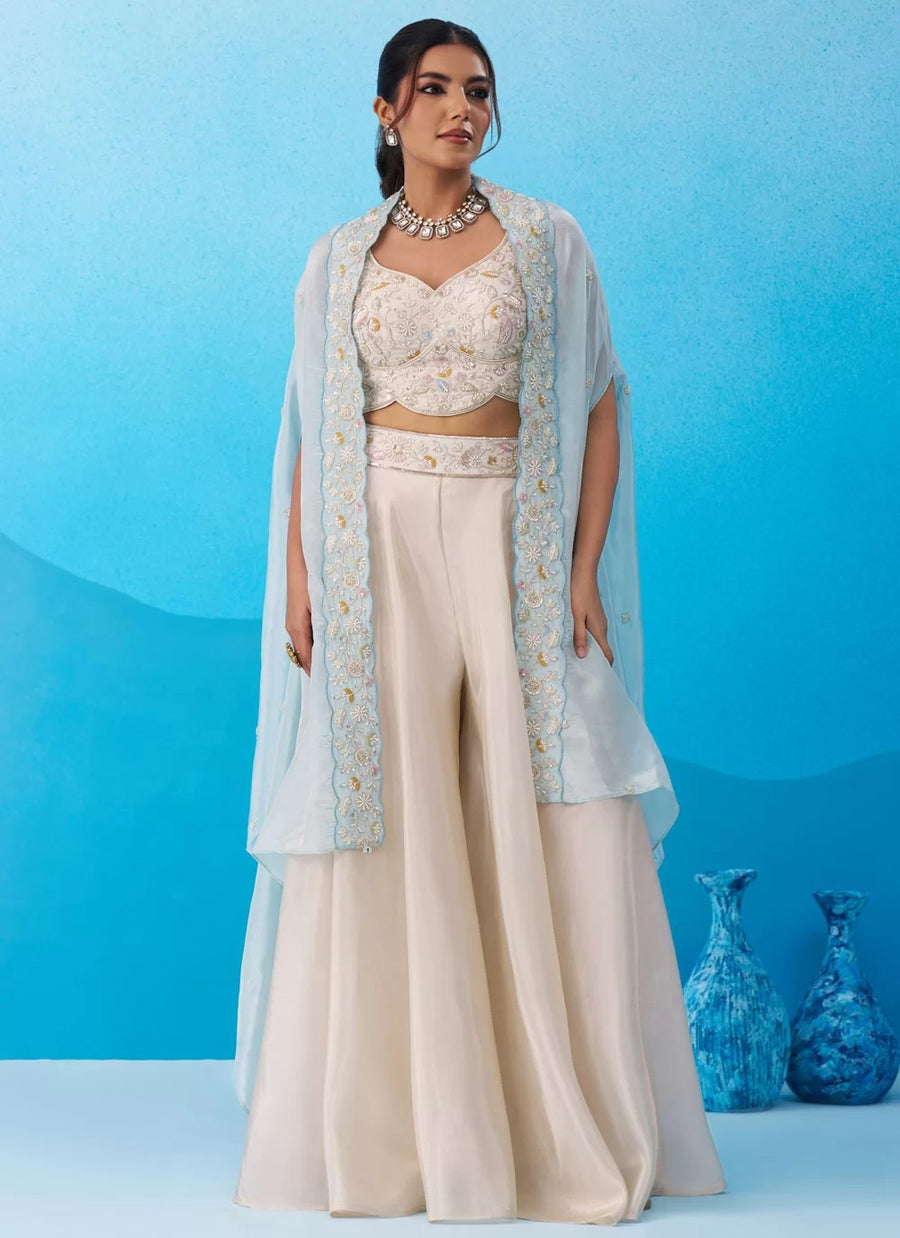 Cream and sky blue indo western co-ord set with embroidered cape