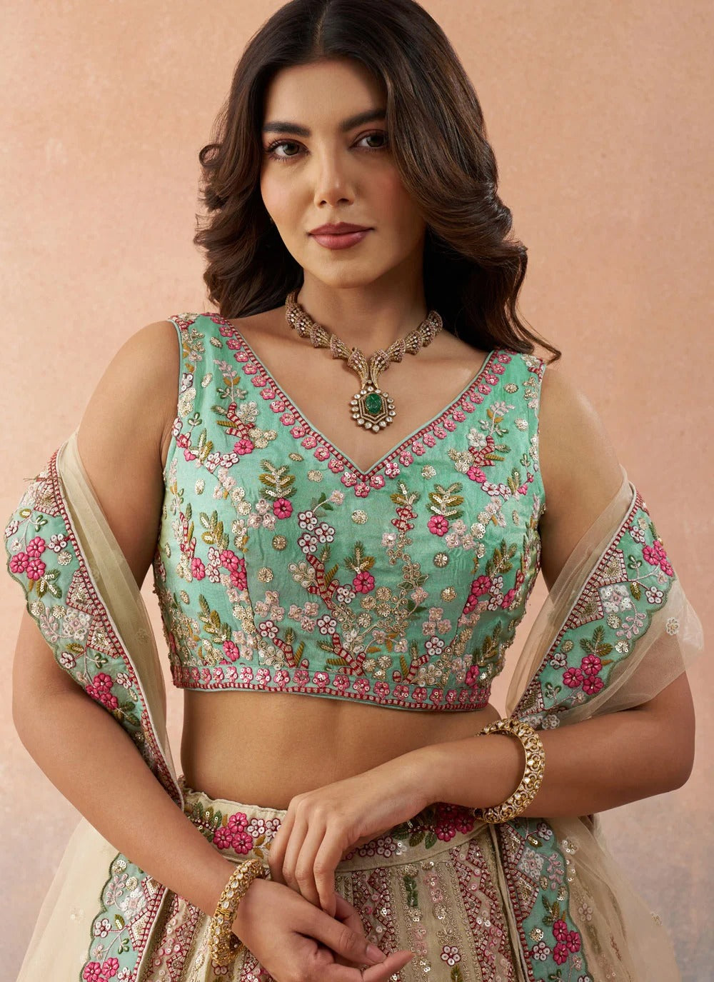 Cream & Sky Blue Tissue Wedding Reception Lehenga