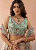 Cream & Sky Blue Tissue Wedding Reception Lehenga