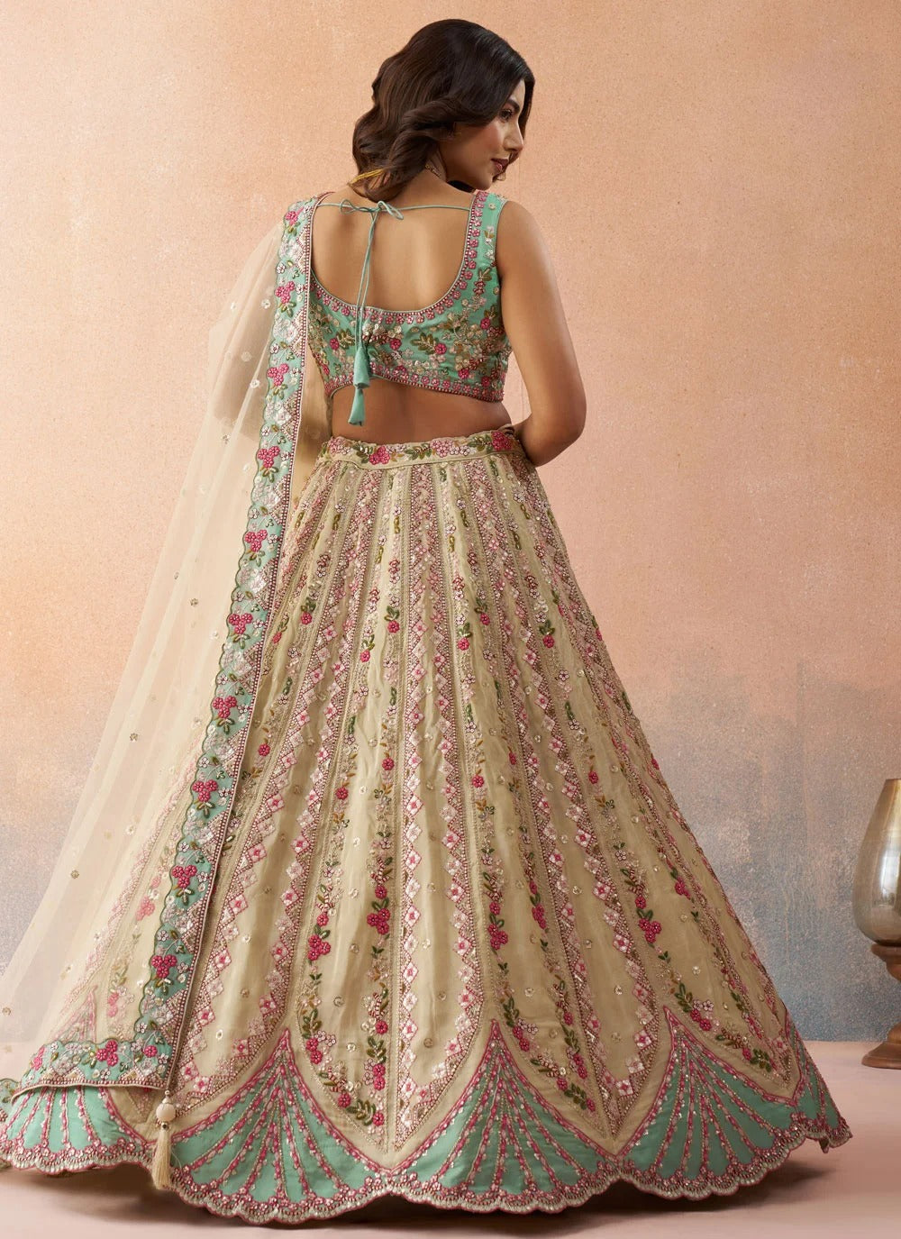 Wedding Reception Lehenga in Cream & Sky Blue