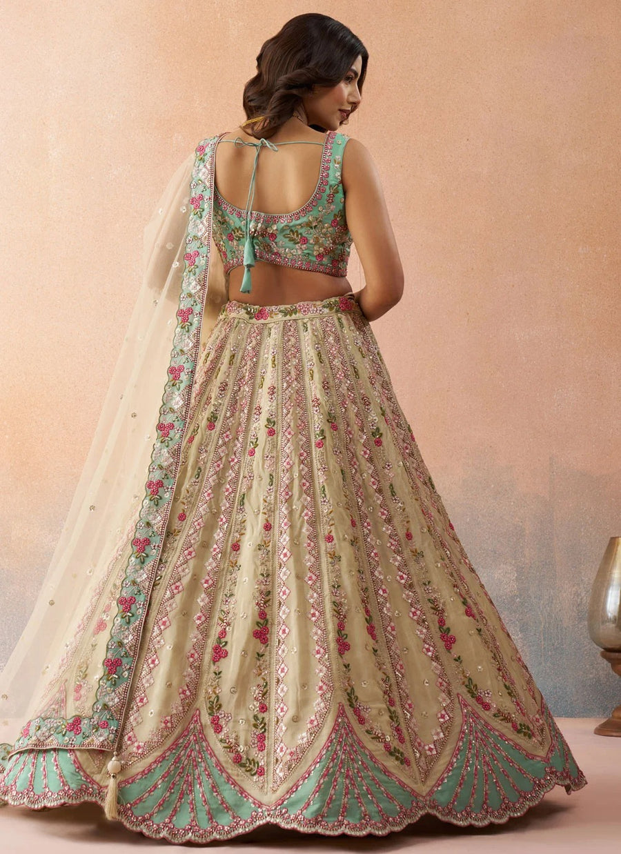 Wedding Reception Lehenga in Cream & Sky Blue