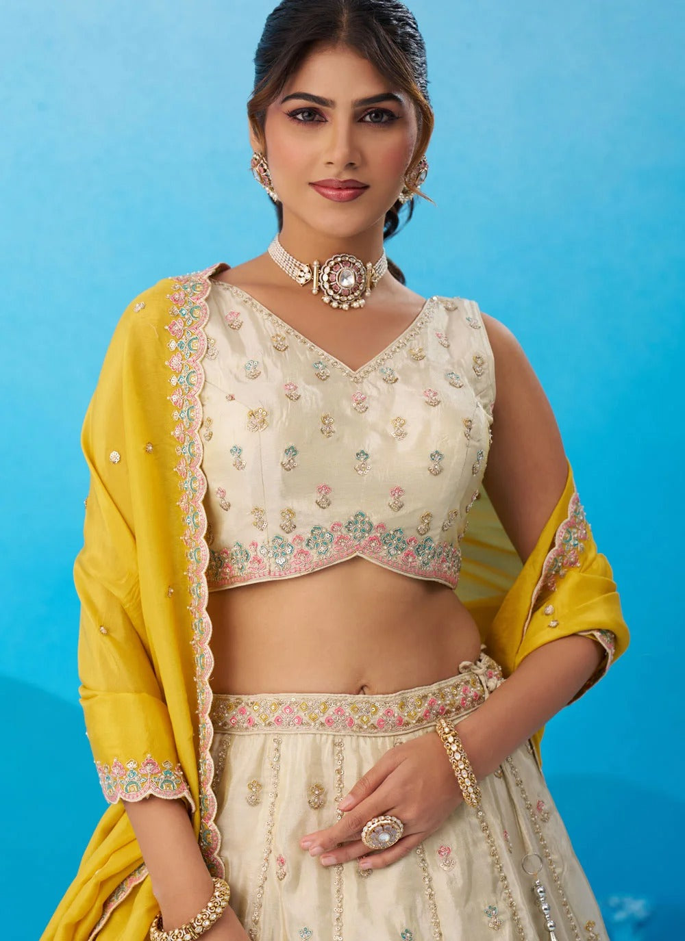 Cream Tissue Lehenga Choli with Embroidered and Sequins Work for Ceremonial