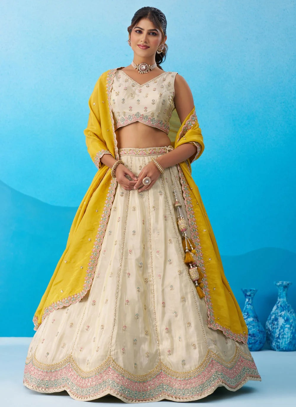 Cream Tissue Embroidered Lehenga Set with Sequins Work