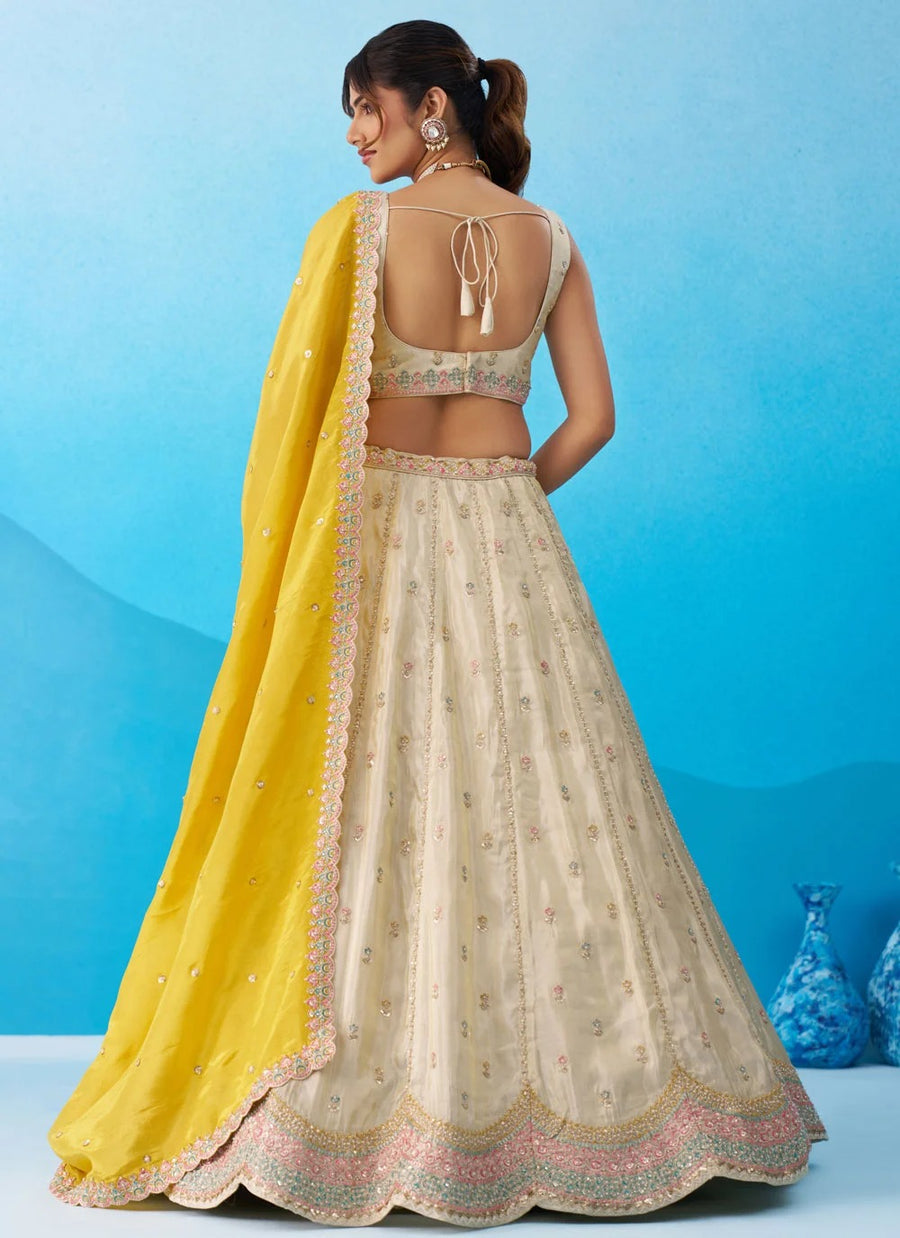 Cream Tissue Embroidered Lehenga Set | Sequins Work