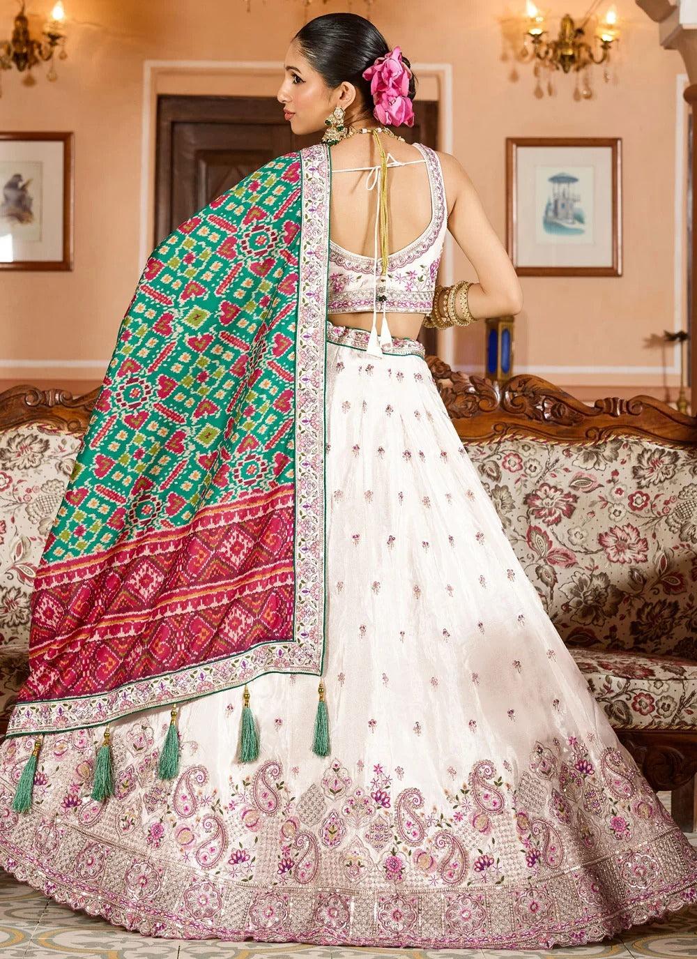 Designer Cream Reception Lehenga with Sequins & Coding Work