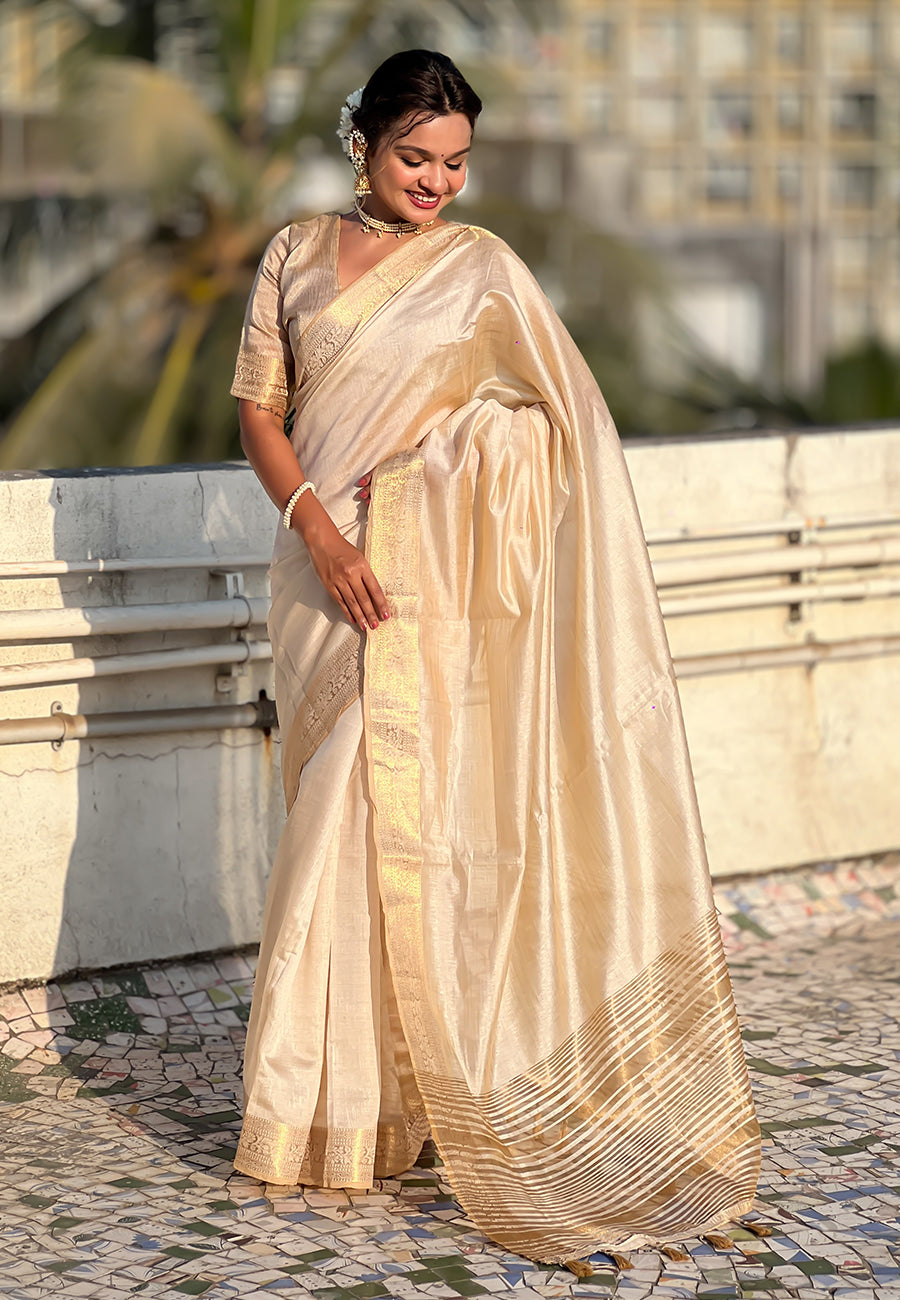 Cream Tussar Silk Saree with Zari Border | Classic Silk Saree