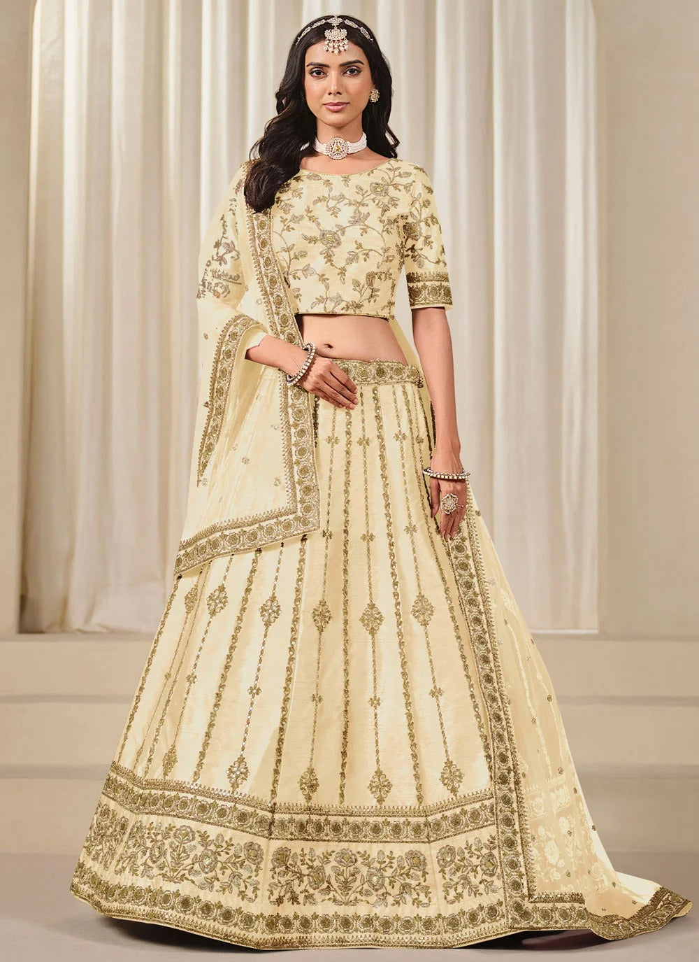 Cream Wedding Guest Lehenga | Art Silk Reception Wear
