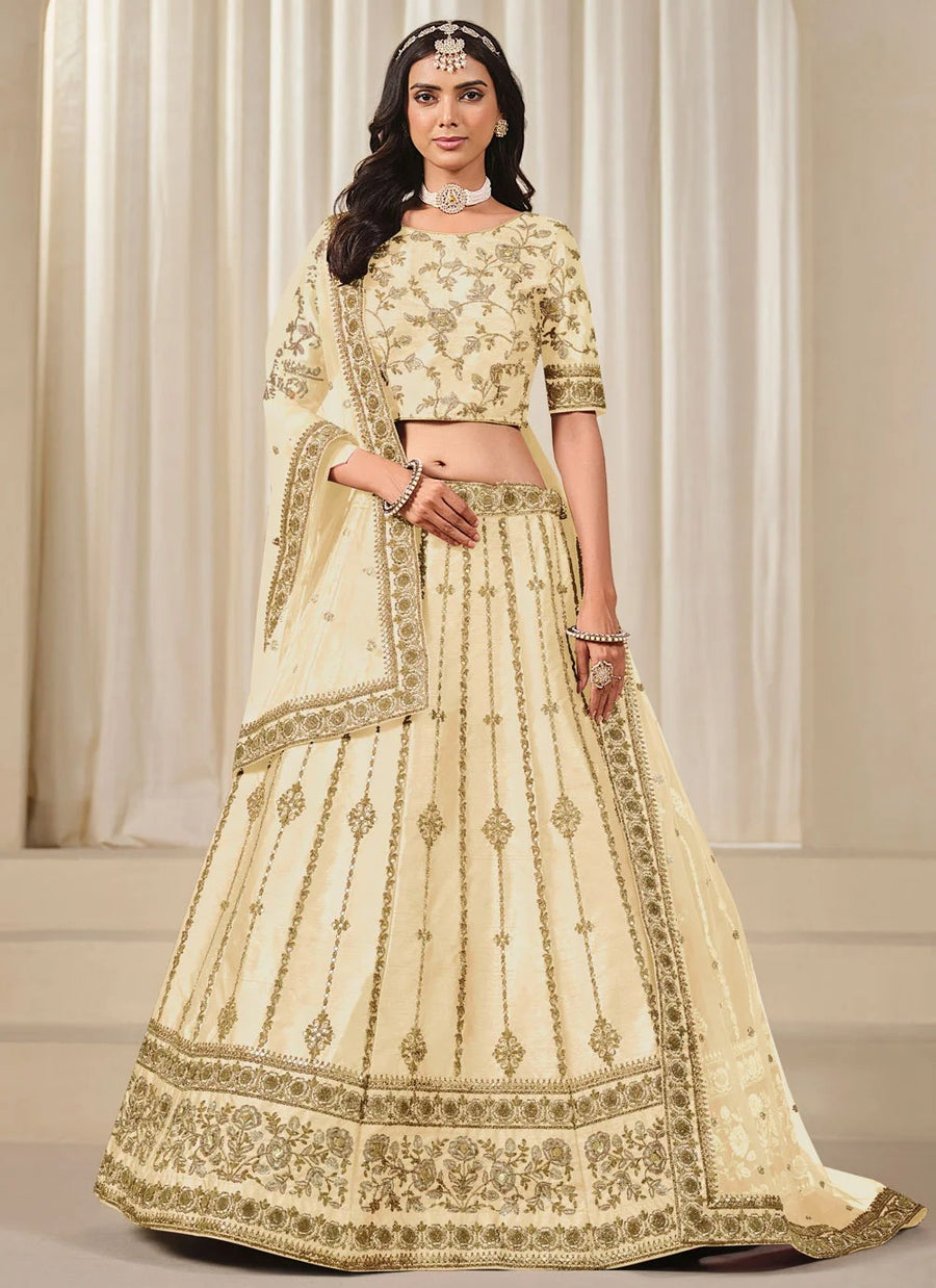 Cream Wedding Guest Lehenga | Art Silk Reception Wear