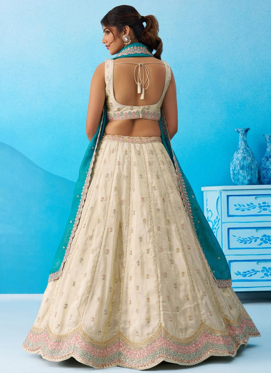 Cream Wedding Lehenga | Rama Tissue Dupatta