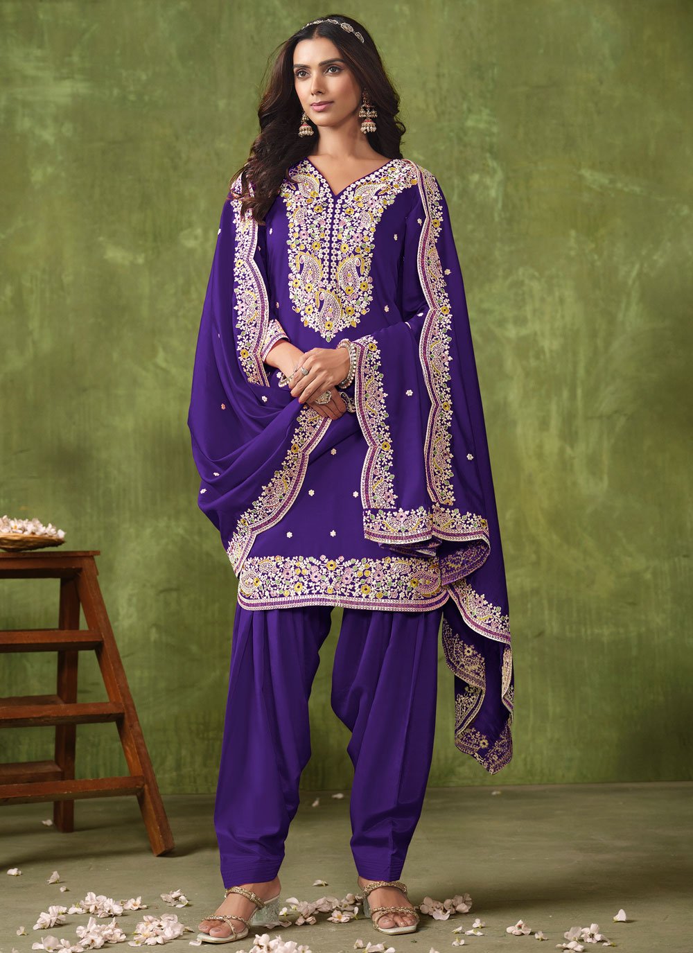 Creative Violet Embroidered Silk Patiyala Dress For Women