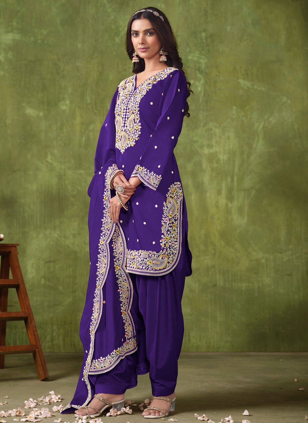 Creative Violet Embroidered Silk Patiyala Dress For Women