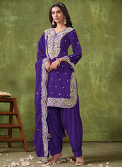 Creative Violet Embroidered Silk Patiyala Dress For Women