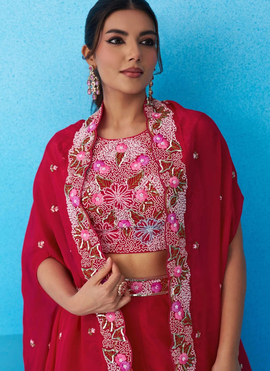 Rani pink crepe indo western set with embroidered flared cape
