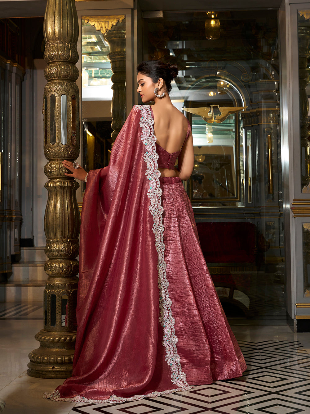 Crimson Color Sequins And Thread Embroidery Work Gold Crush Lehenga Choli