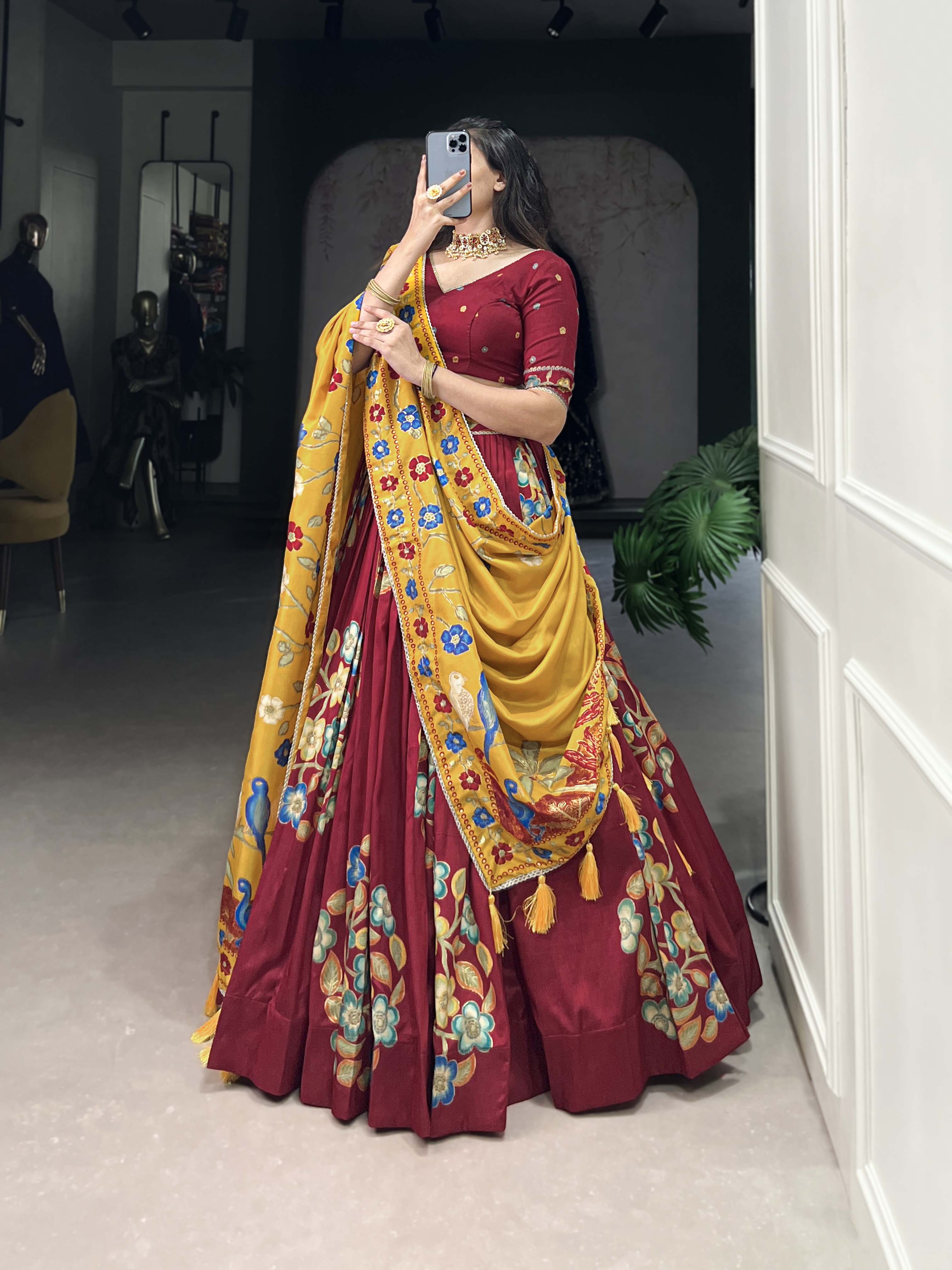 Maroon Color Printed And Foil Work Tussar Silk Lehenga Choli