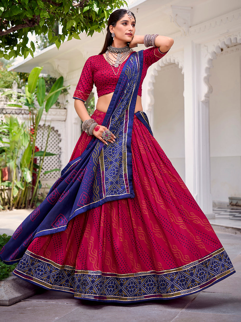Pink tasar silk bandhej print lehenga choli