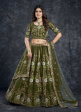 Dark Green Silk Diamond, Zari, Thread & Sequins Lehenga Choli