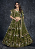 Dark Green Silk Diamond, Zari, Thread & Sequins Lehenga Choli