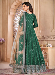 Dark Green Taffeta Silk Embroidered Abaya Style Suit