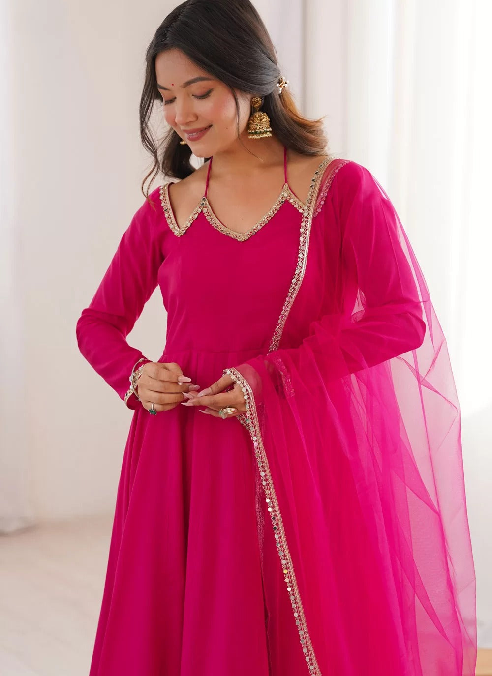 Ready to wear dark pink Anarkali suit with pants and full flare