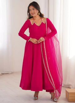 Dark pink Roman Silk Chanderi Anarkali suit with net dupatta
