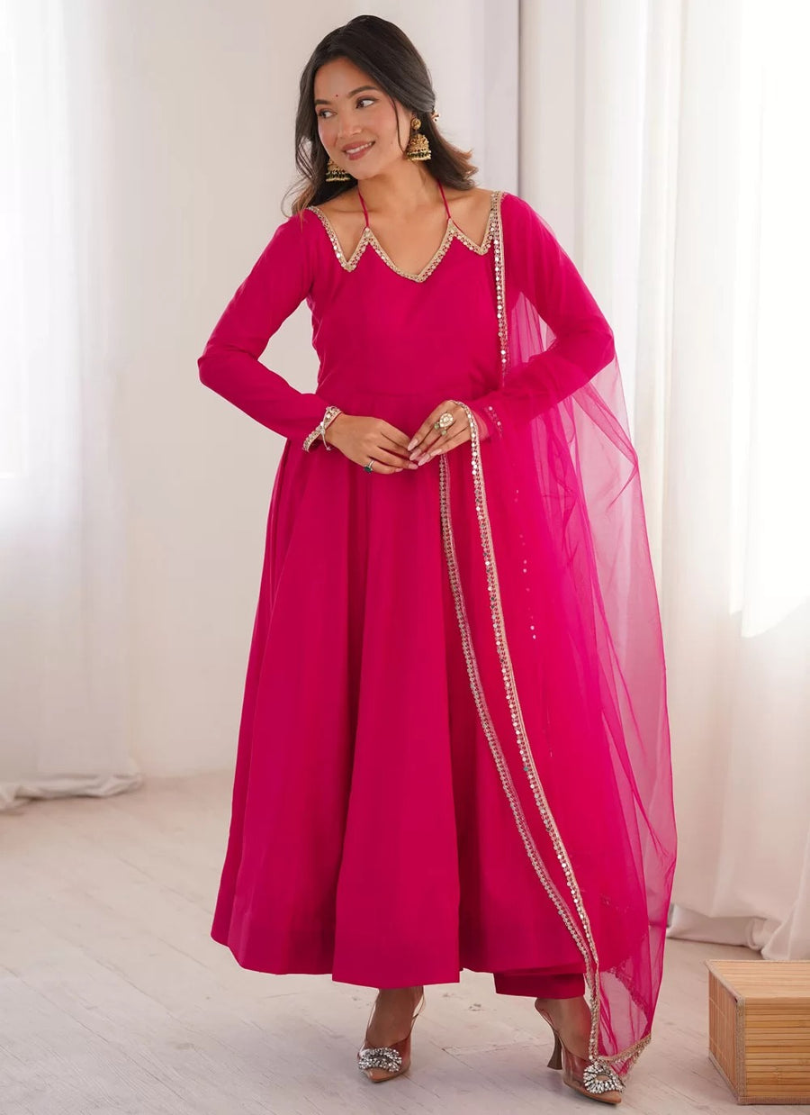 Dark pink Roman Silk Chanderi Anarkali suit with net dupatta