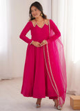 Dark pink Roman Silk Chanderi Anarkali suit with net dupatta