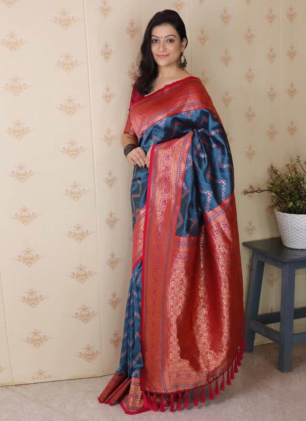 Denim Blue Banarasi Silk Saree with Gold Zari