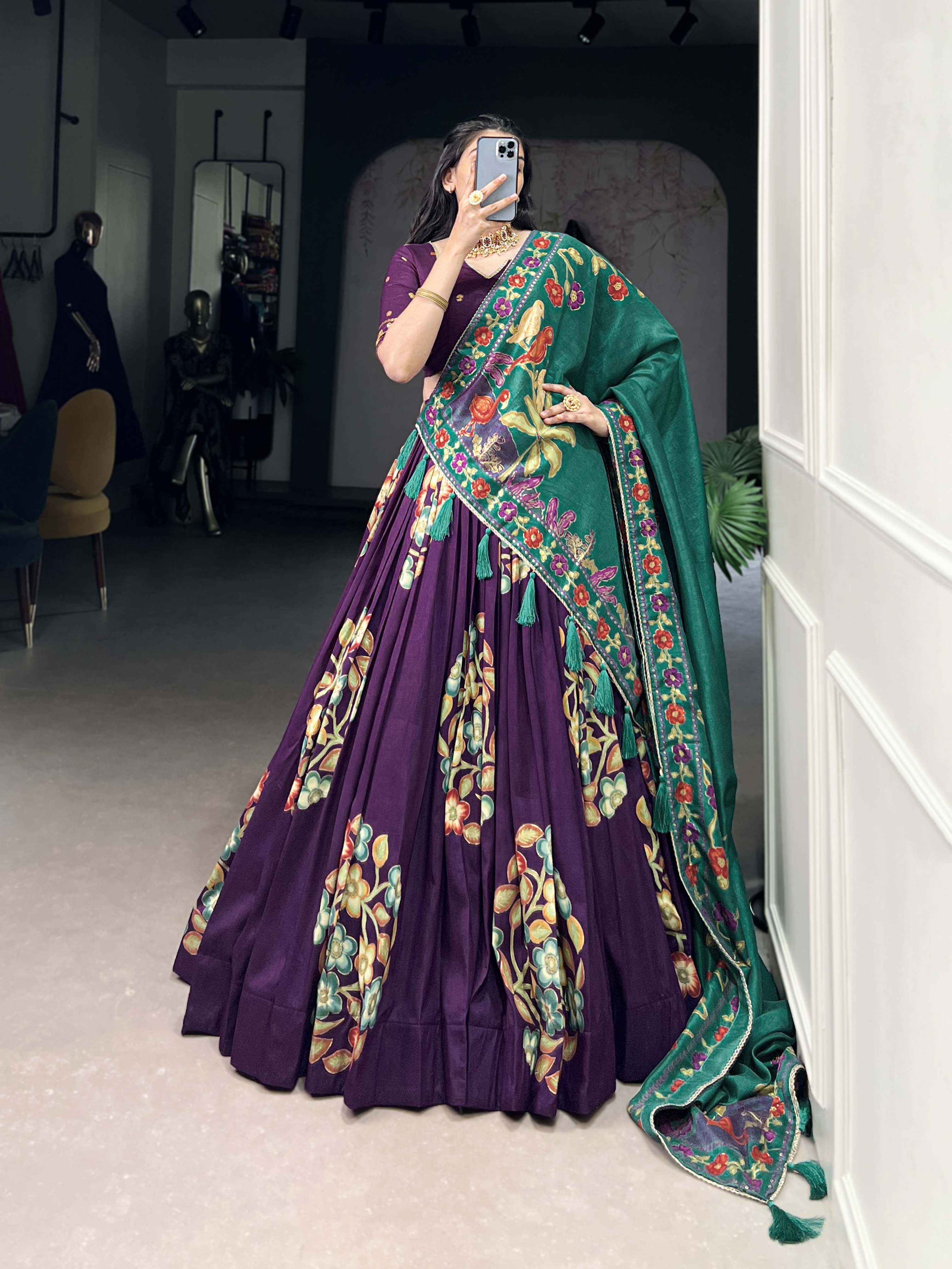 Purple Color Printed And Foil Work Tussar Silk Lehenga Choli