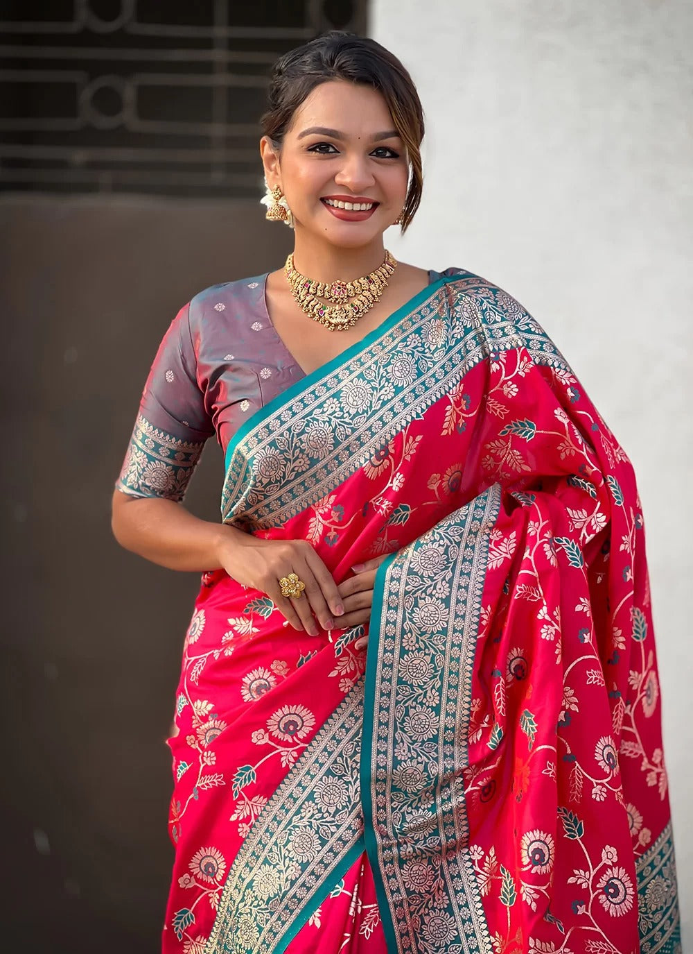 Dark Pink Banarasi Soft Silk Saree with Zari