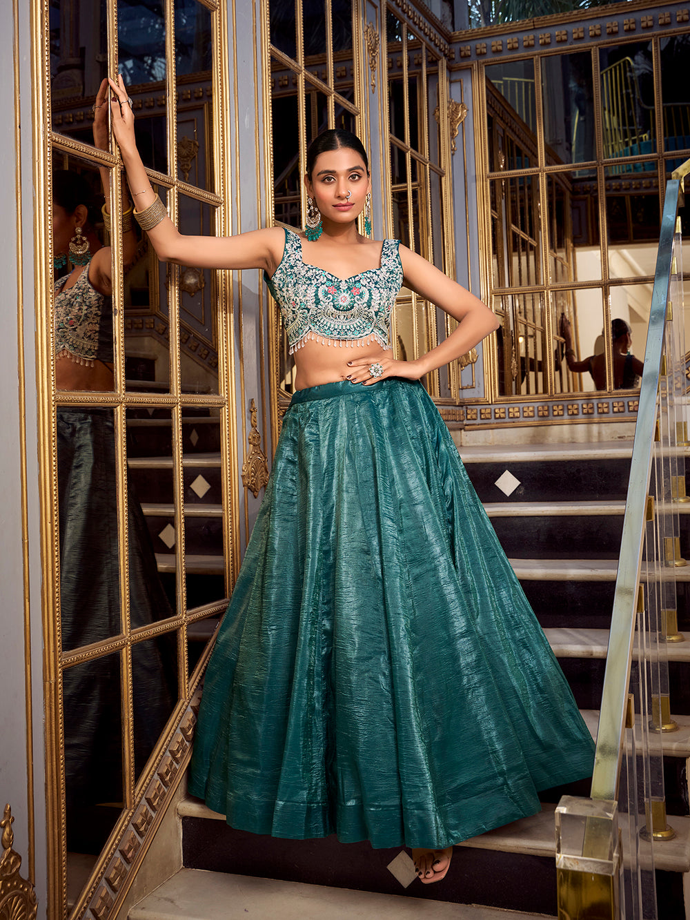 Teal Color Sequins And Thread Embroidery Work Gold Crush Lehenga Choli