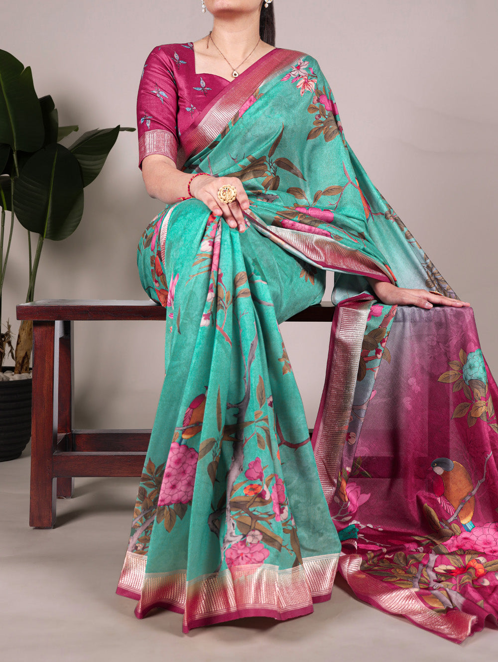 Green saree with viscose border and floral design