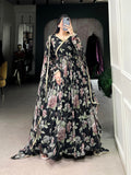 Black Color Floral Print With Lace Border Marbel Gown