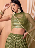 Thread embroidered green lehenga with organza dupatta