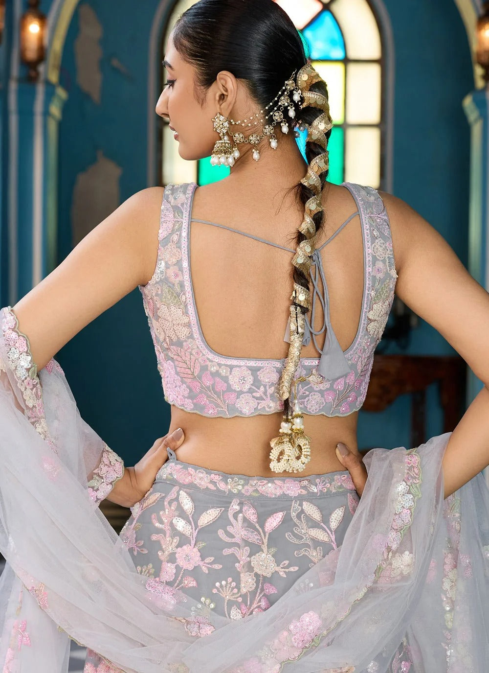Grey Cocktail Lehenga with Sequins, Stone & Coding Embroidery Work