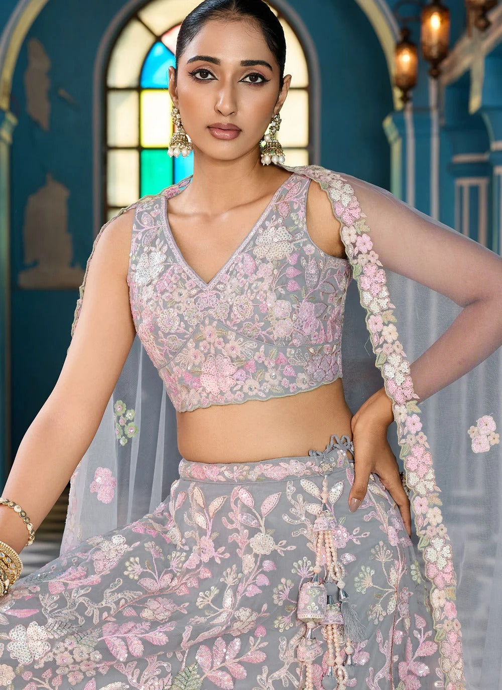Grey Cocktail Lehenga with Sequins, Stone & Coding Embroidery Work