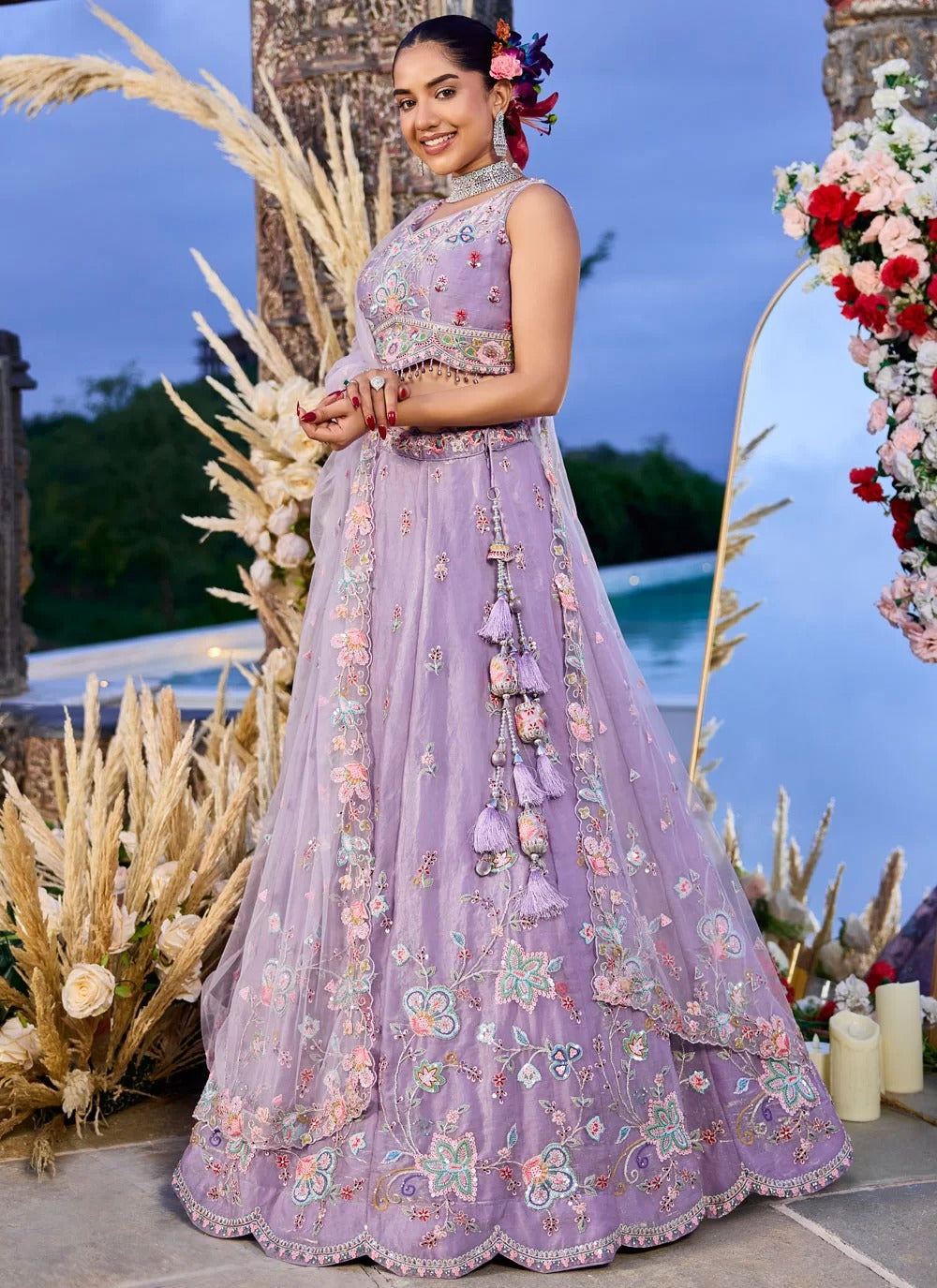 Buy Elegant Lavender Satin Silk Wedding Lehenga with Dupatta