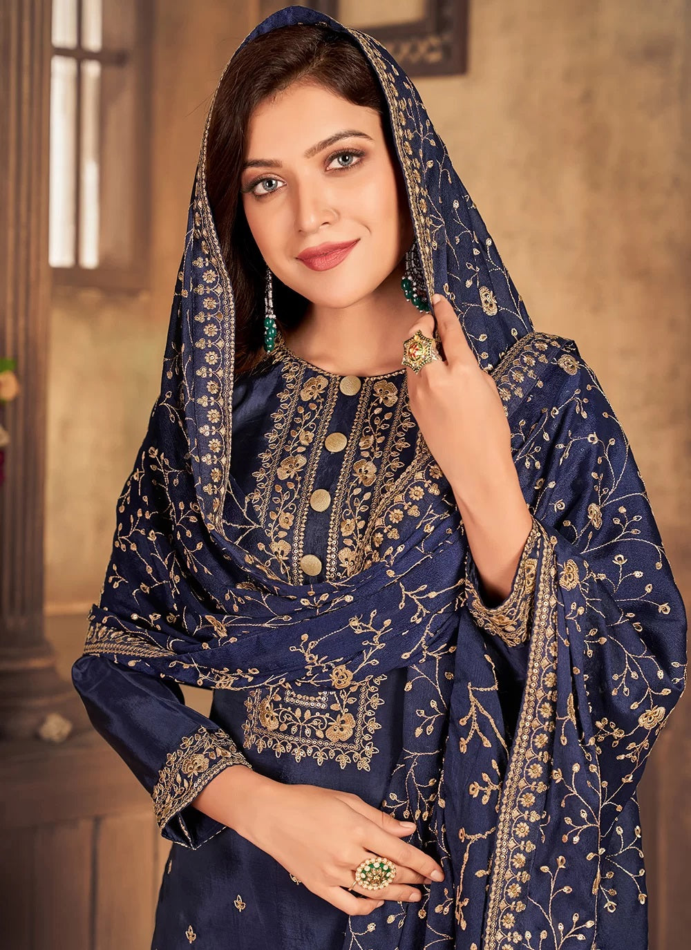 Embroidered Art Silk Punjabi Suit in Navy Blue : KCH5712